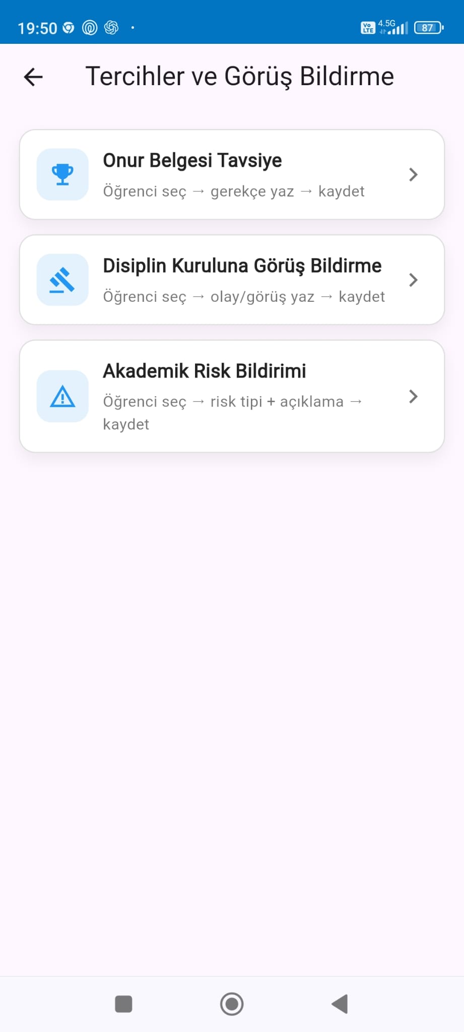 Öğretmen tercih ve görüş bildirme ekranı