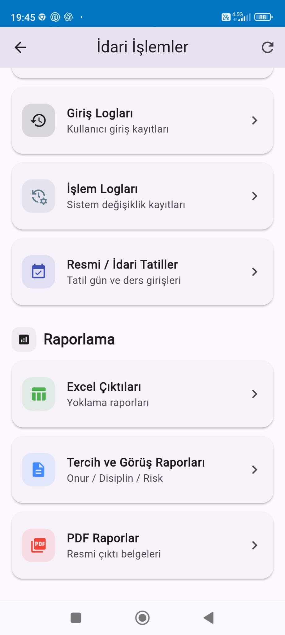 İdari işlem menüsünde raporlar ve tatil düzenlemeleri