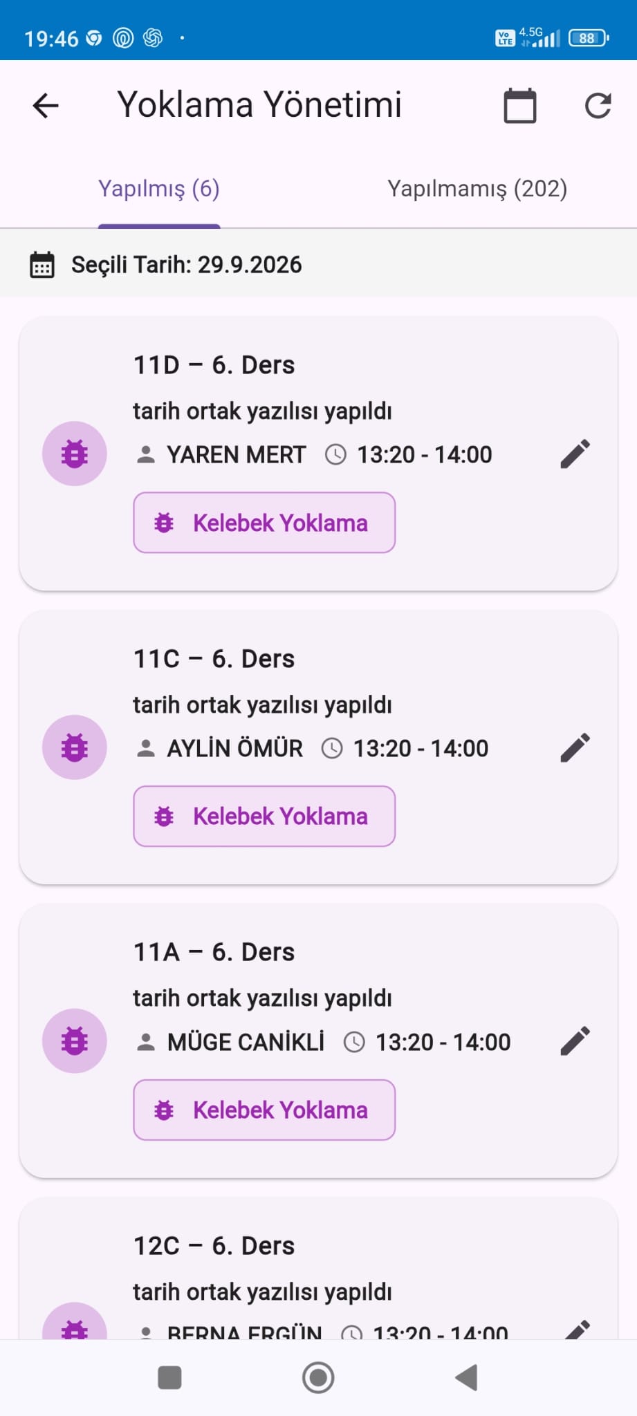 Yapılan ve yapılmamış yoklamalar ekranı